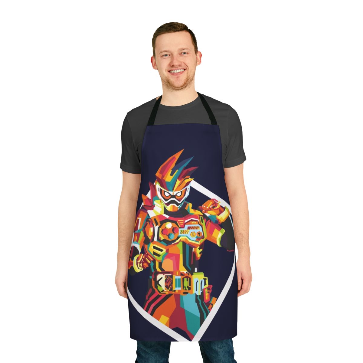 Colorful Kamen Rider-themed apron with gaming and medical motifs