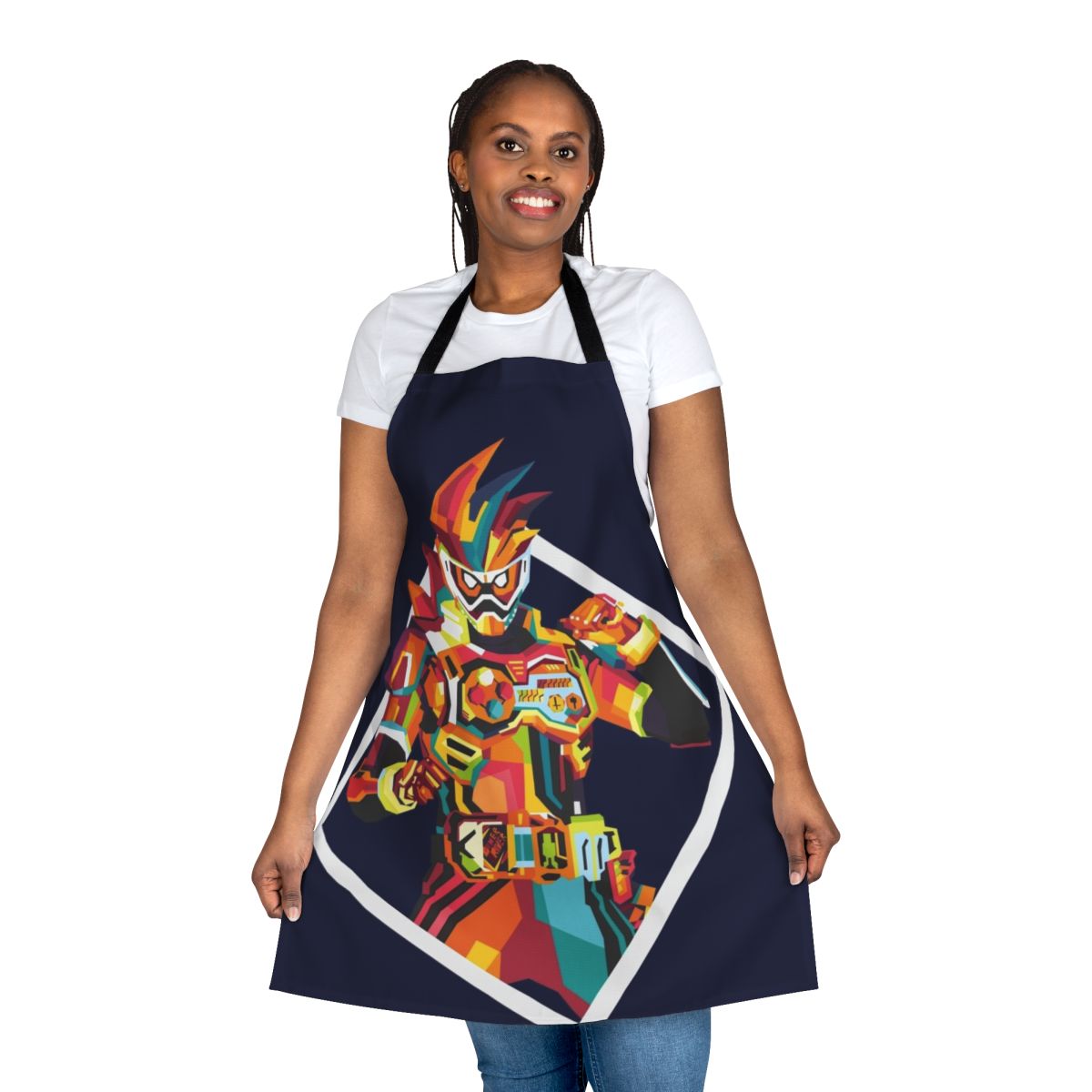 Colorful Kamen Rider-themed apron with gaming and medical motifs