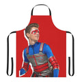 Bright red and blue apron featuring a kid superhero design