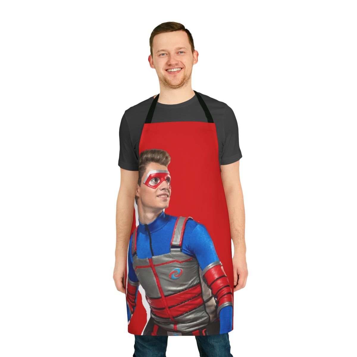 Bright red and blue apron featuring a kid superhero design