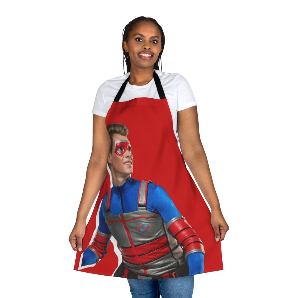 Bright red and blue apron featuring a kid superhero design