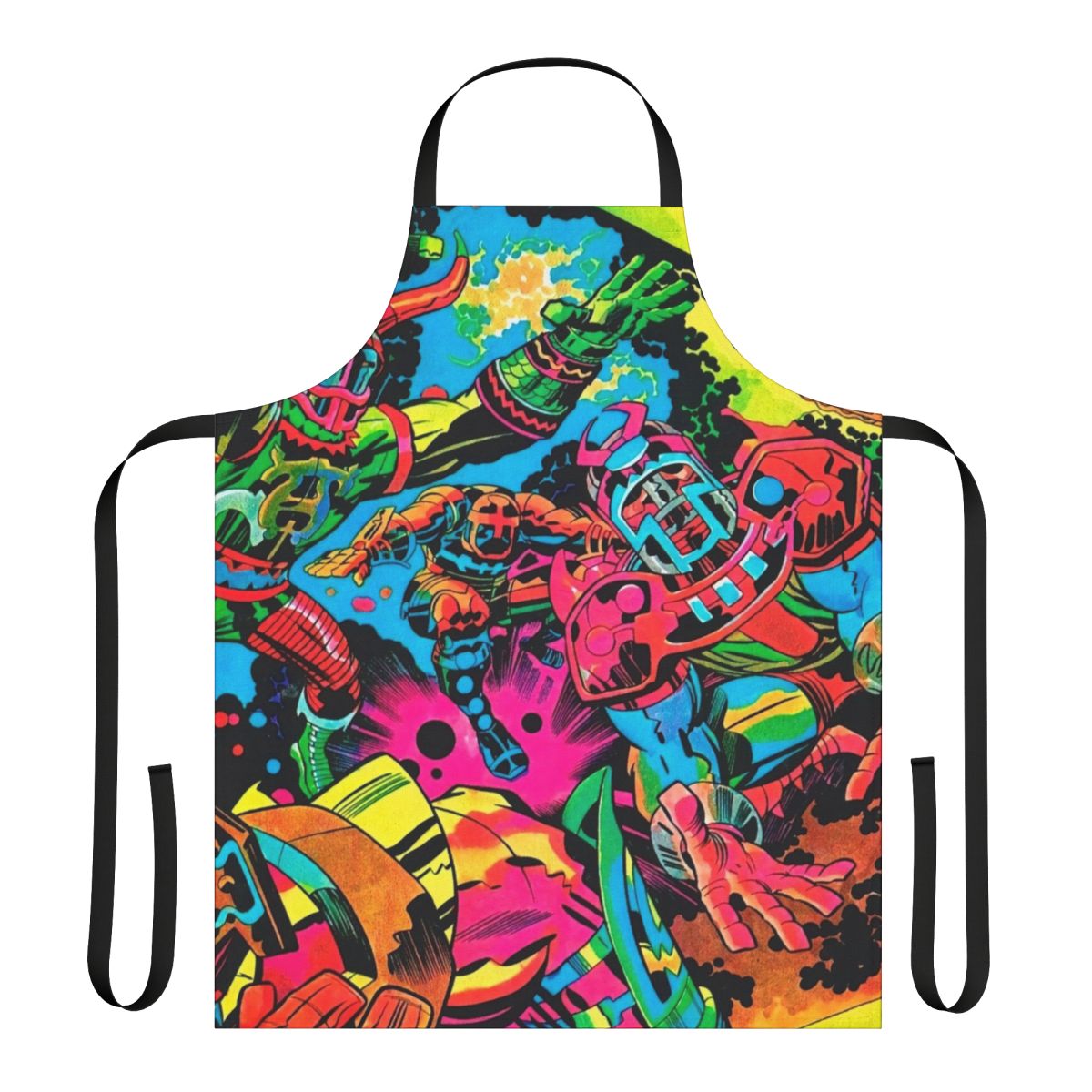 Colorful apron featuring a psychedelic, pop art style design inspired by the artwork of comic book legend Jack Kirby.