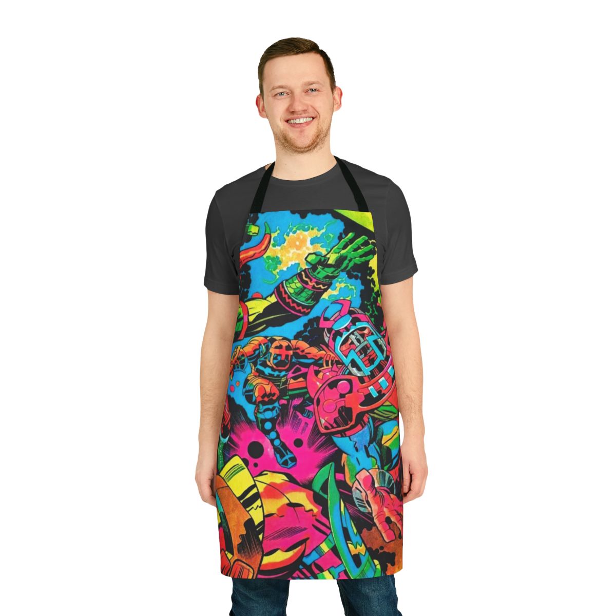 Colorful apron featuring a psychedelic, pop art style design inspired by the artwork of comic book legend Jack Kirby.