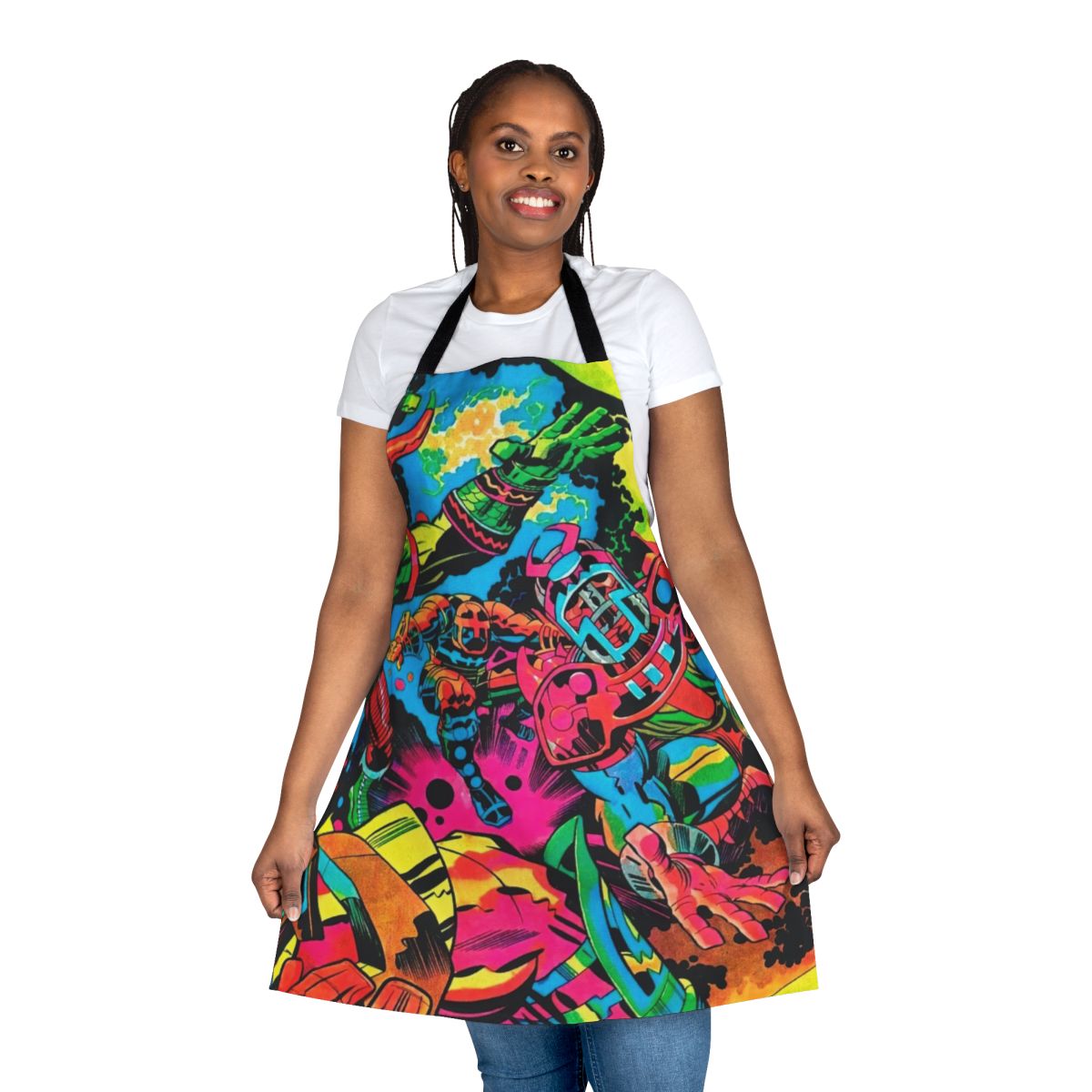 Colorful apron featuring a psychedelic, pop art style design inspired by the artwork of comic book legend Jack Kirby.