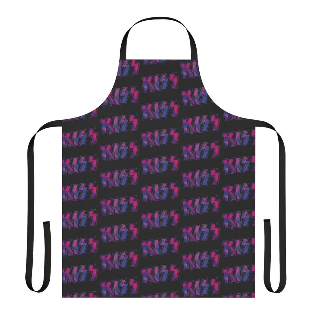 Tie dye apron featuring the iconic Kiss the Band logo in shades of pink and purple