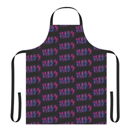 Tie dye apron featuring the iconic Kiss the Band logo in shades of pink and purple