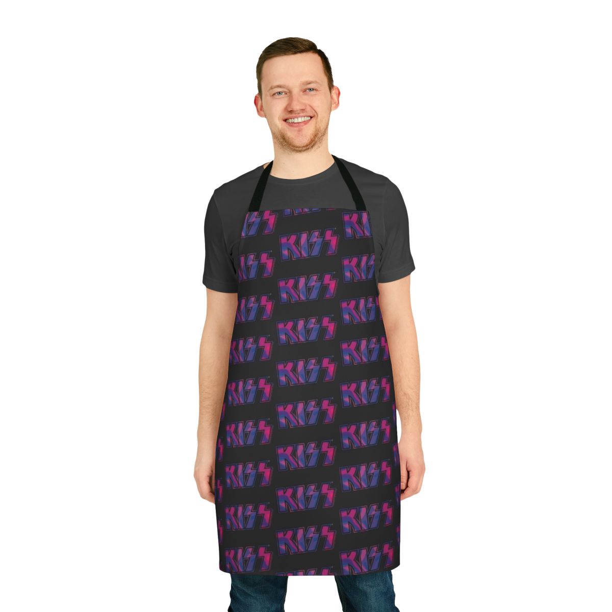 Tie dye apron featuring the iconic Kiss the Band logo in shades of pink and purple