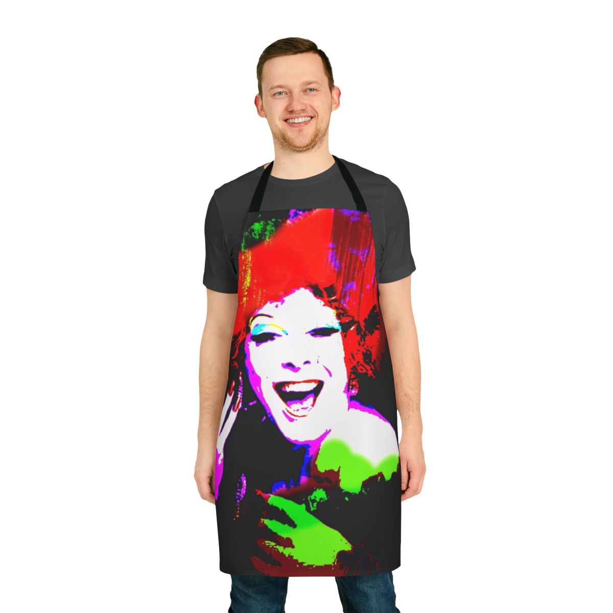 Colorful kitchen apron featuring a playful design inspired by the iconic LGBTQ+ figure Regina Fong