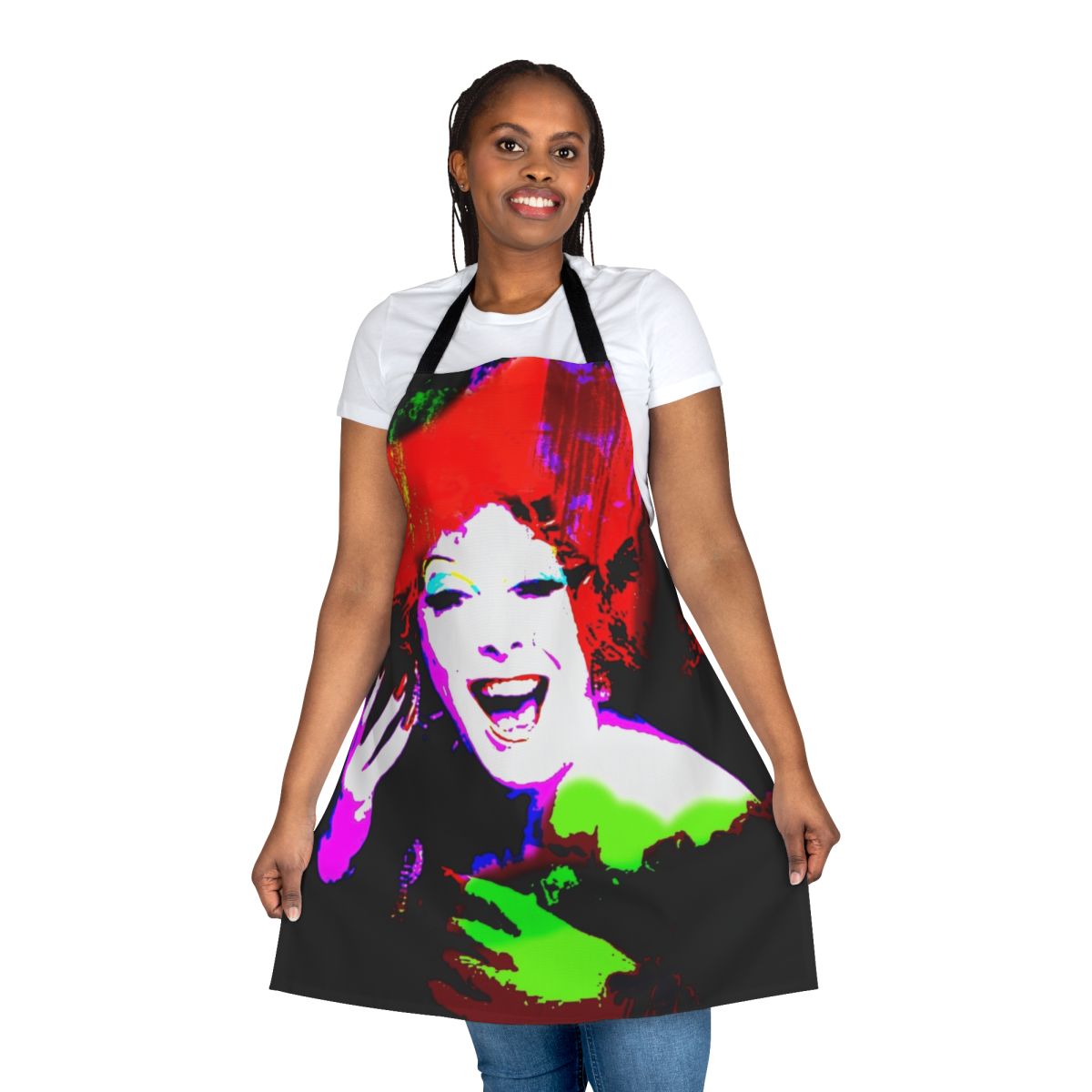 Colorful kitchen apron featuring a playful design inspired by the iconic LGBTQ+ figure Regina Fong