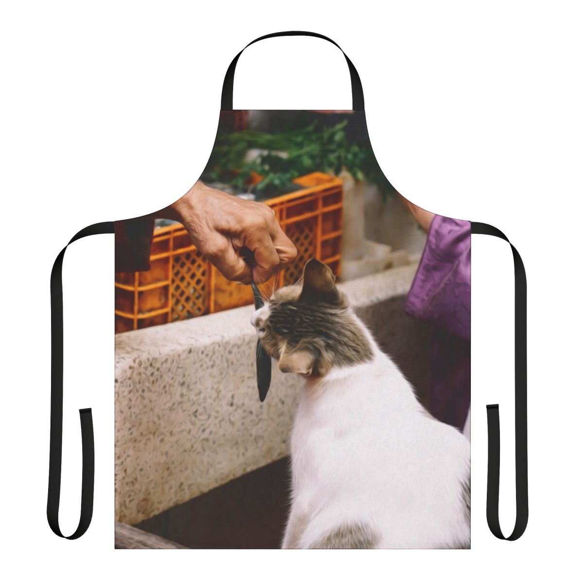 Colorful apron featuring playful illustrations of people, animals, and food