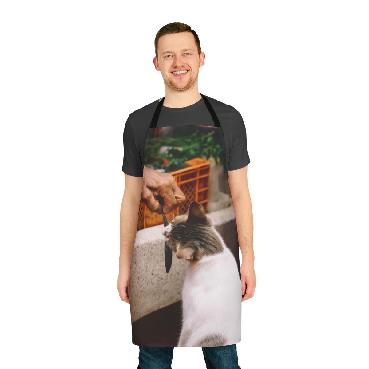 Colorful apron featuring playful illustrations of people, animals, and food