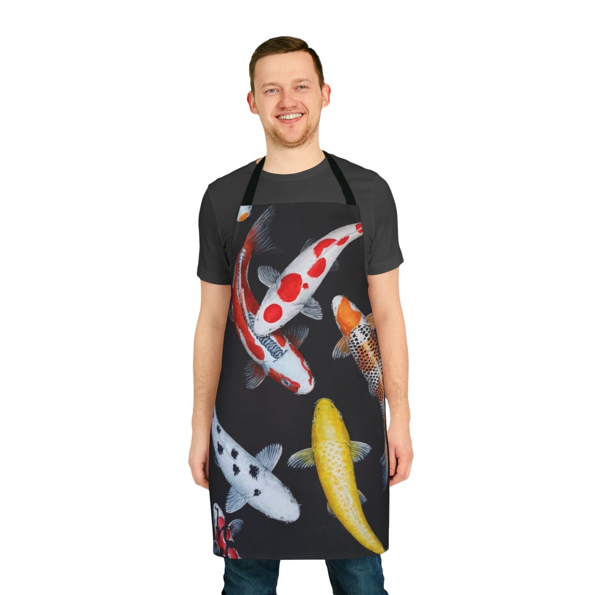 Colorful koi fish apron with a lucky charm design