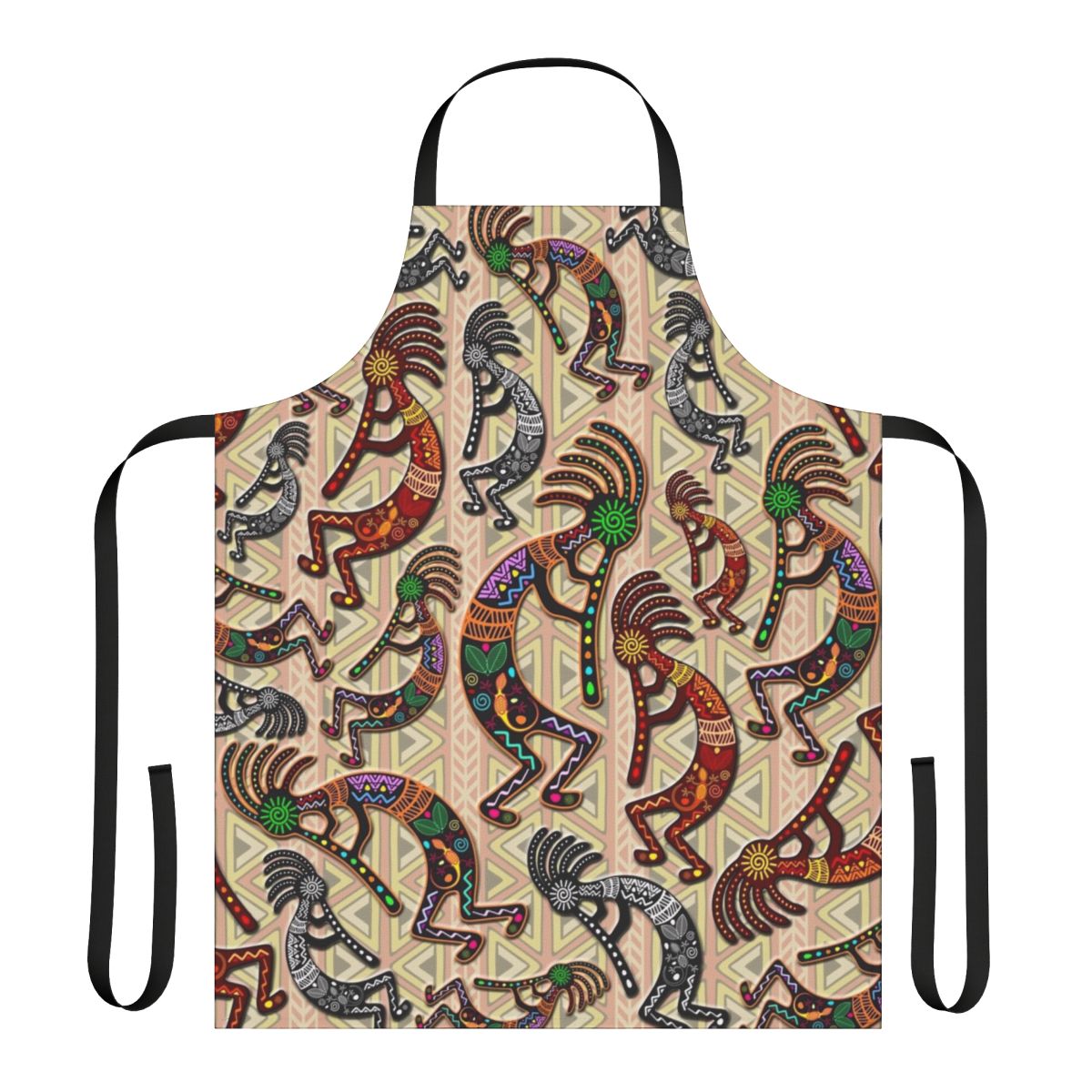 Apron featuring a vibrant kokopelli and tribal pattern design, inspired by native american mythology and culture.