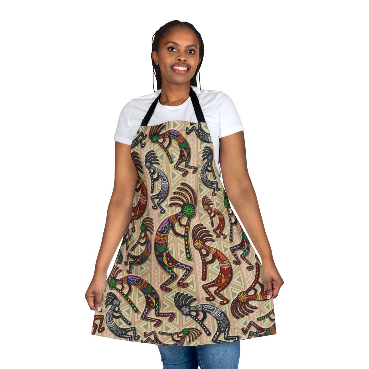 Apron featuring a vibrant kokopelli and tribal pattern design, inspired by native american mythology and culture.
