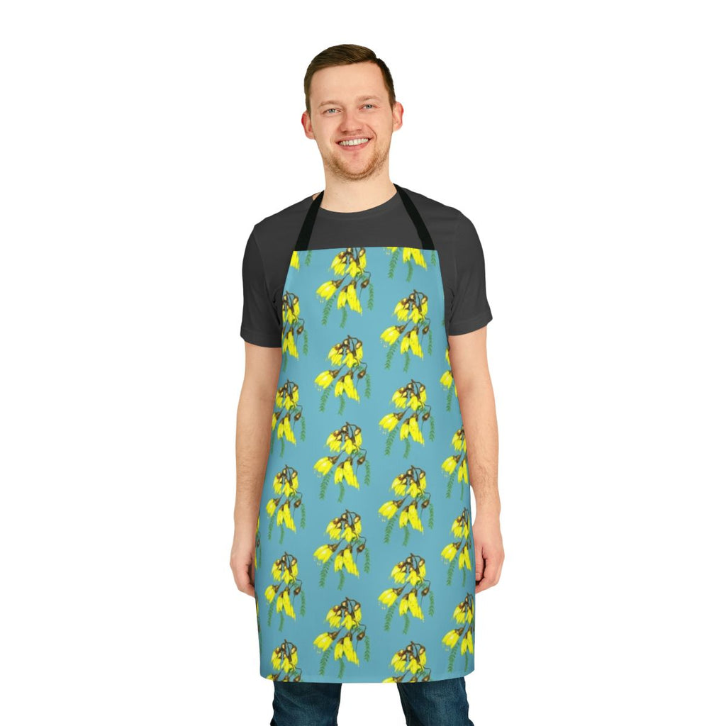 Kowhai gold floral apron with tui and fantail birds