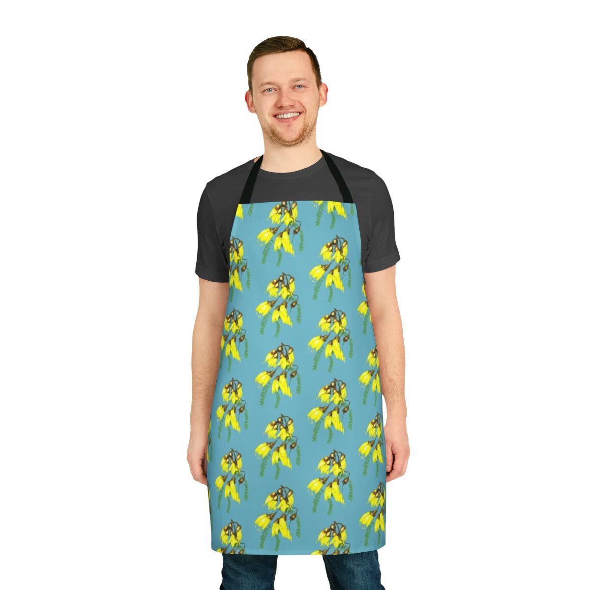 Kowhai gold floral apron with tui and fantail birds