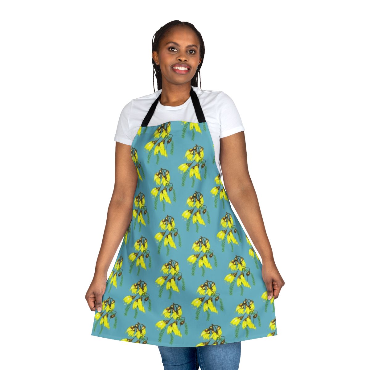 Kowhai gold floral apron with tui and fantail birds