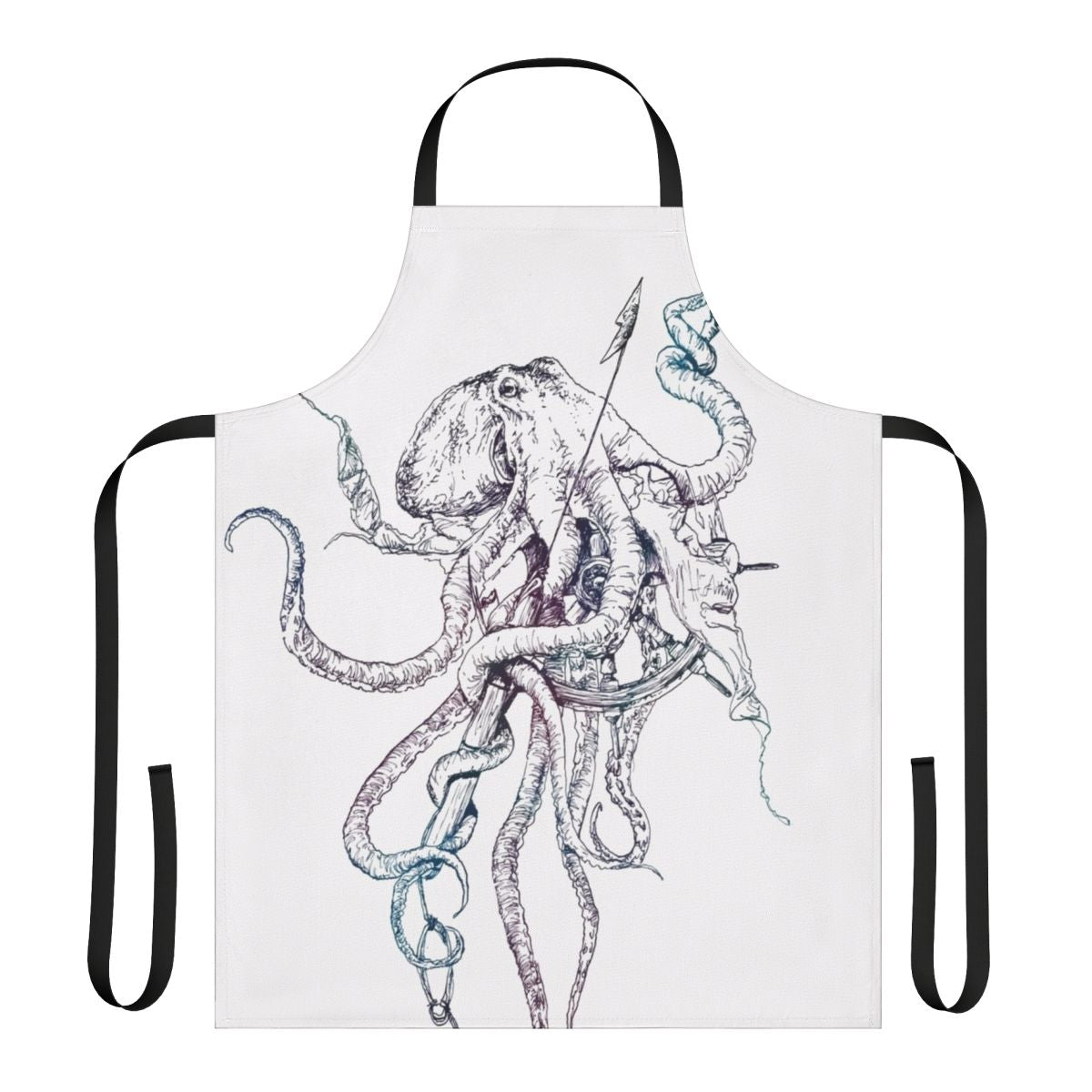 Kraken-inspired apron featuring a bold octopus/squid pattern in shades of blue and white