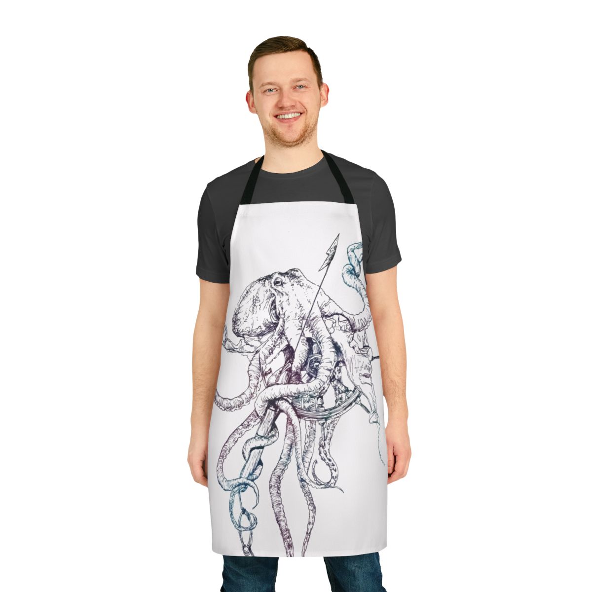 Kraken-inspired apron featuring a bold octopus/squid pattern in shades of blue and white