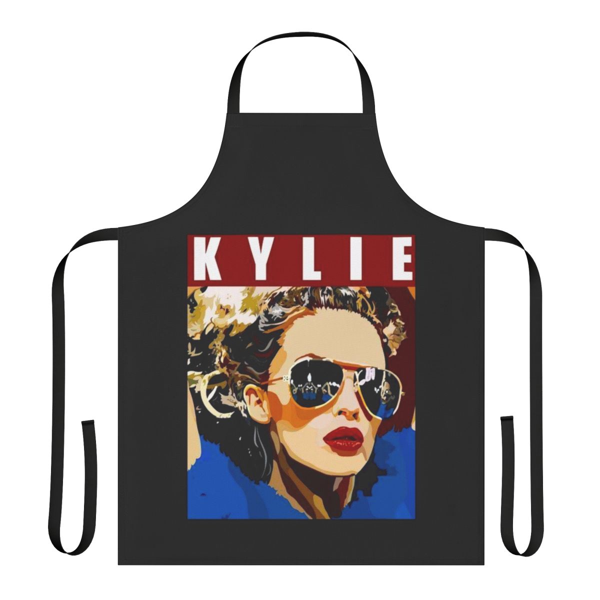 Colorful graphic apron featuring Kylie Minogue's iconic image, perfect for the kitchen or as a stylish home decor piece.