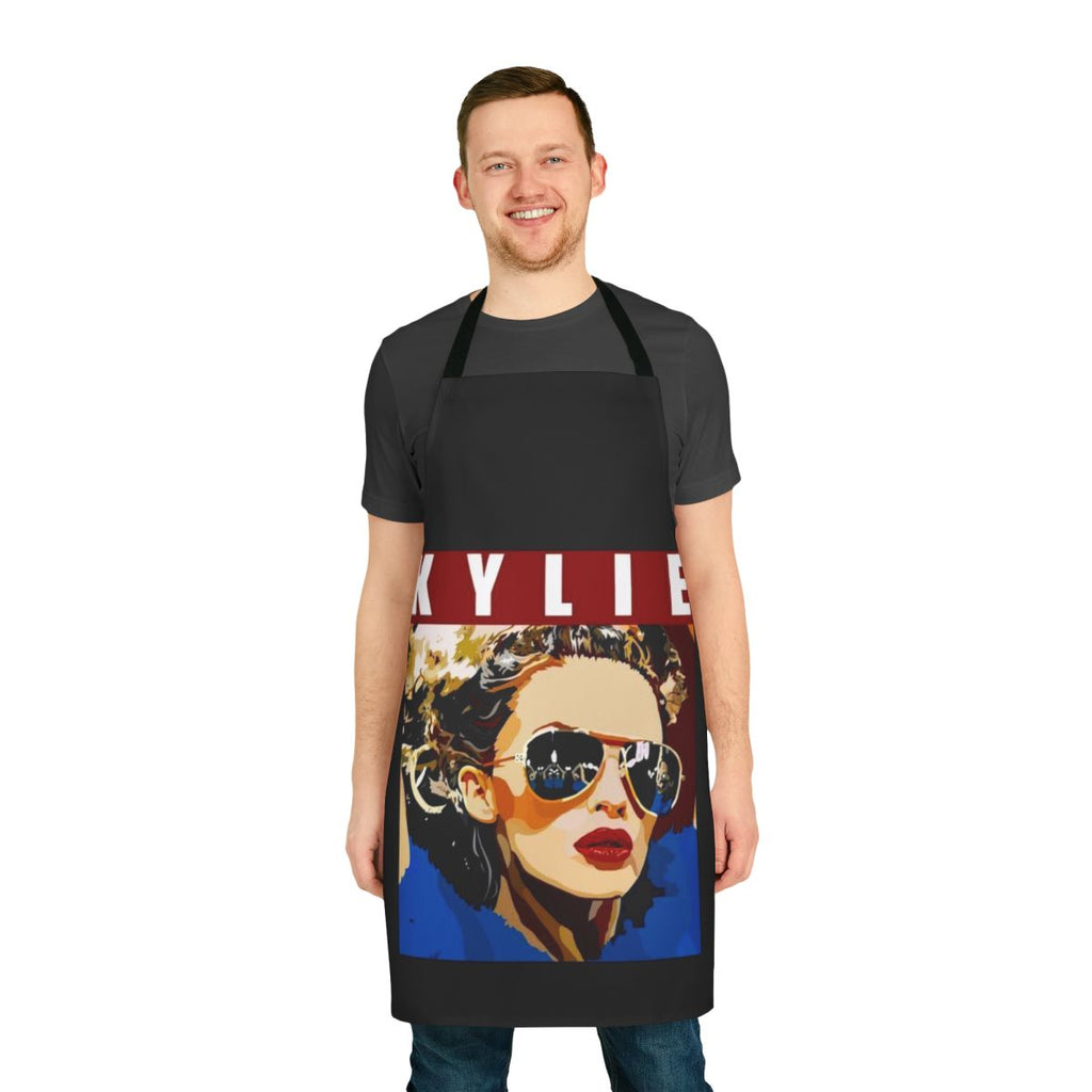 Colorful graphic apron featuring Kylie Minogue's iconic image, perfect for the kitchen or as a stylish home decor piece.