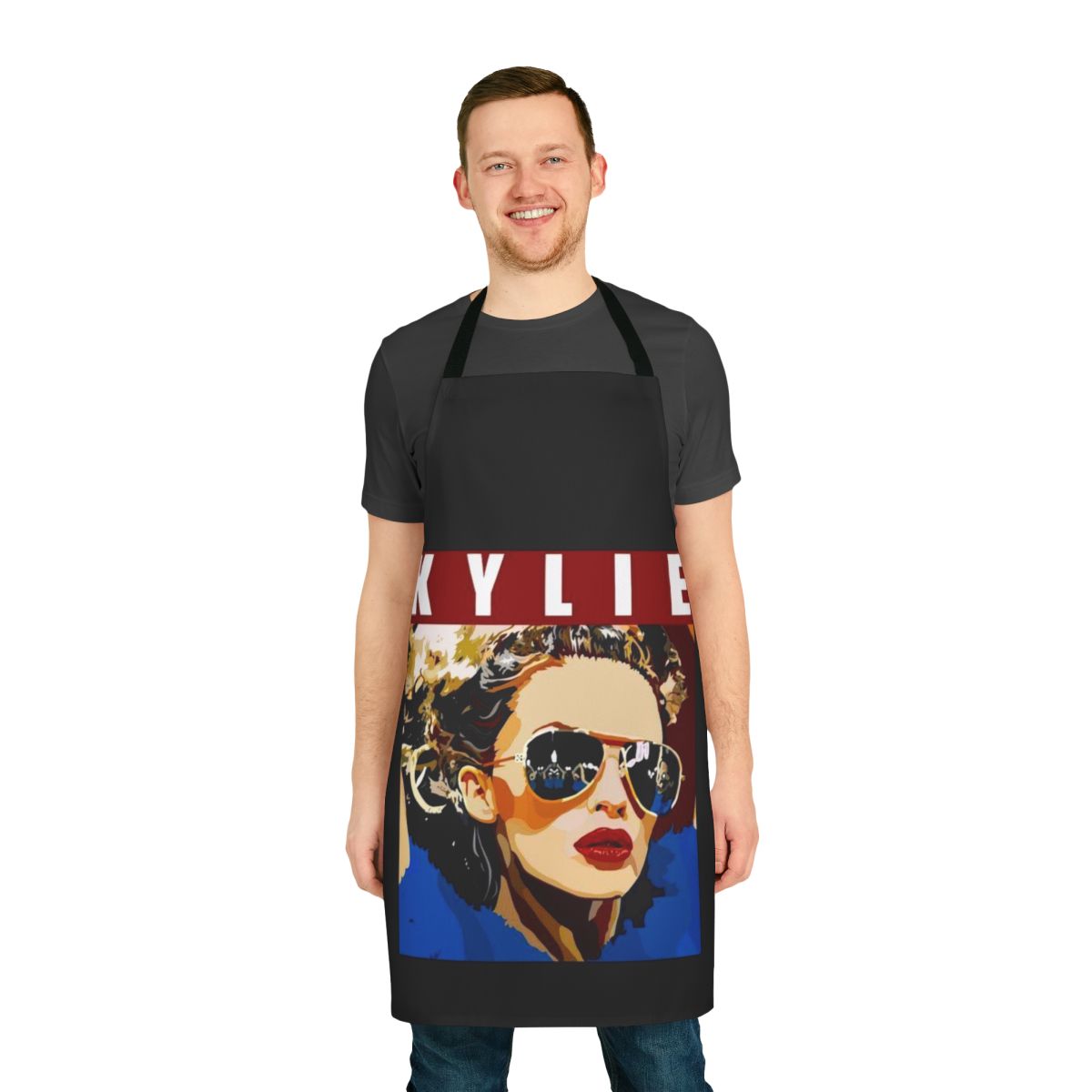 Colorful graphic apron featuring Kylie Minogue's iconic image, perfect for the kitchen or as a stylish home decor piece.