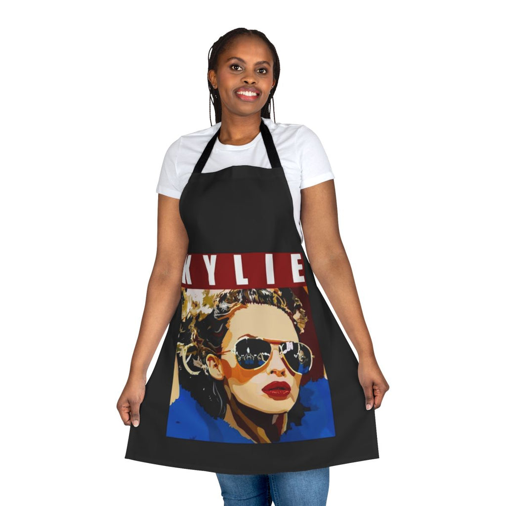 Colorful graphic apron featuring Kylie Minogue's iconic image, perfect for the kitchen or as a stylish home decor piece.