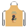 Colorful apron featuring a black Labrador Retriever dog mom surrounded by vibrant tulips