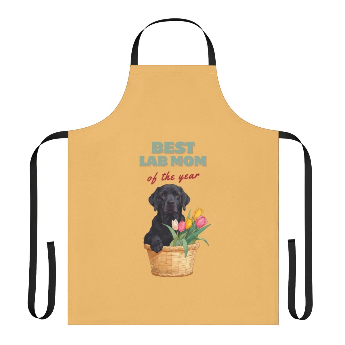 Colorful apron featuring a black Labrador Retriever dog mom surrounded by vibrant tulips