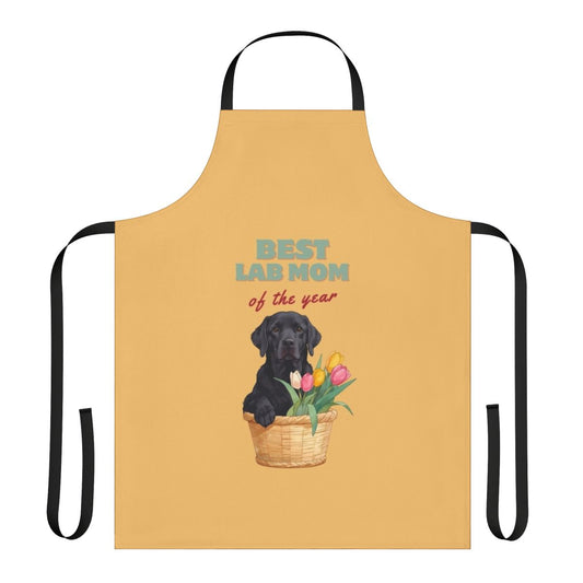 Colorful apron featuring a black Labrador Retriever dog mom surrounded by vibrant tulips