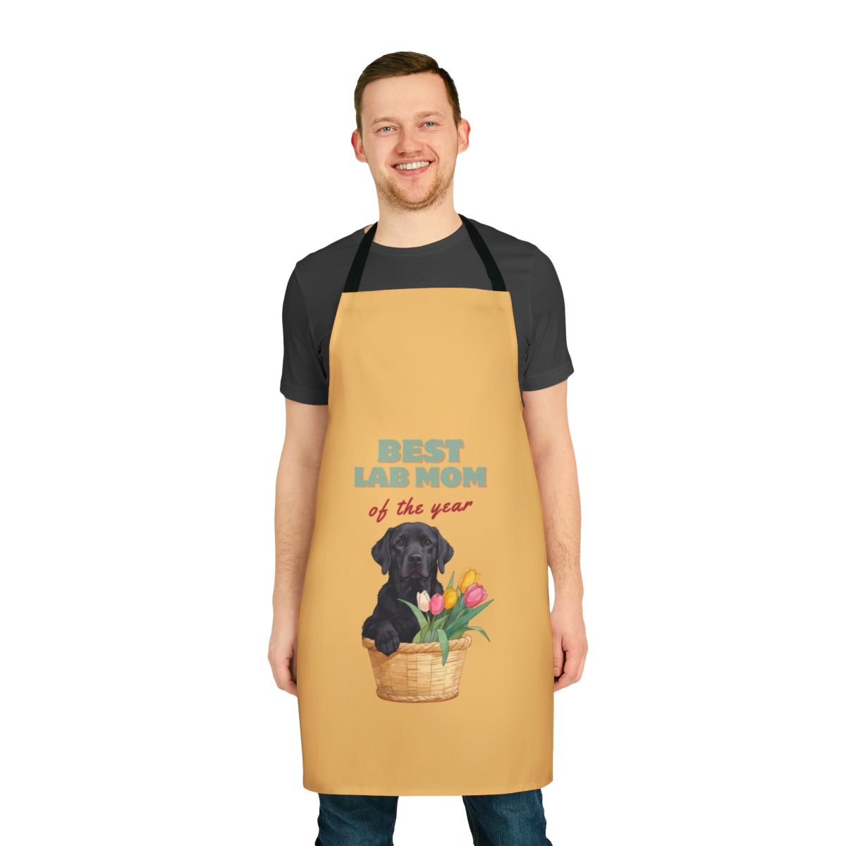 Colorful apron featuring a black Labrador Retriever dog mom surrounded by vibrant tulips