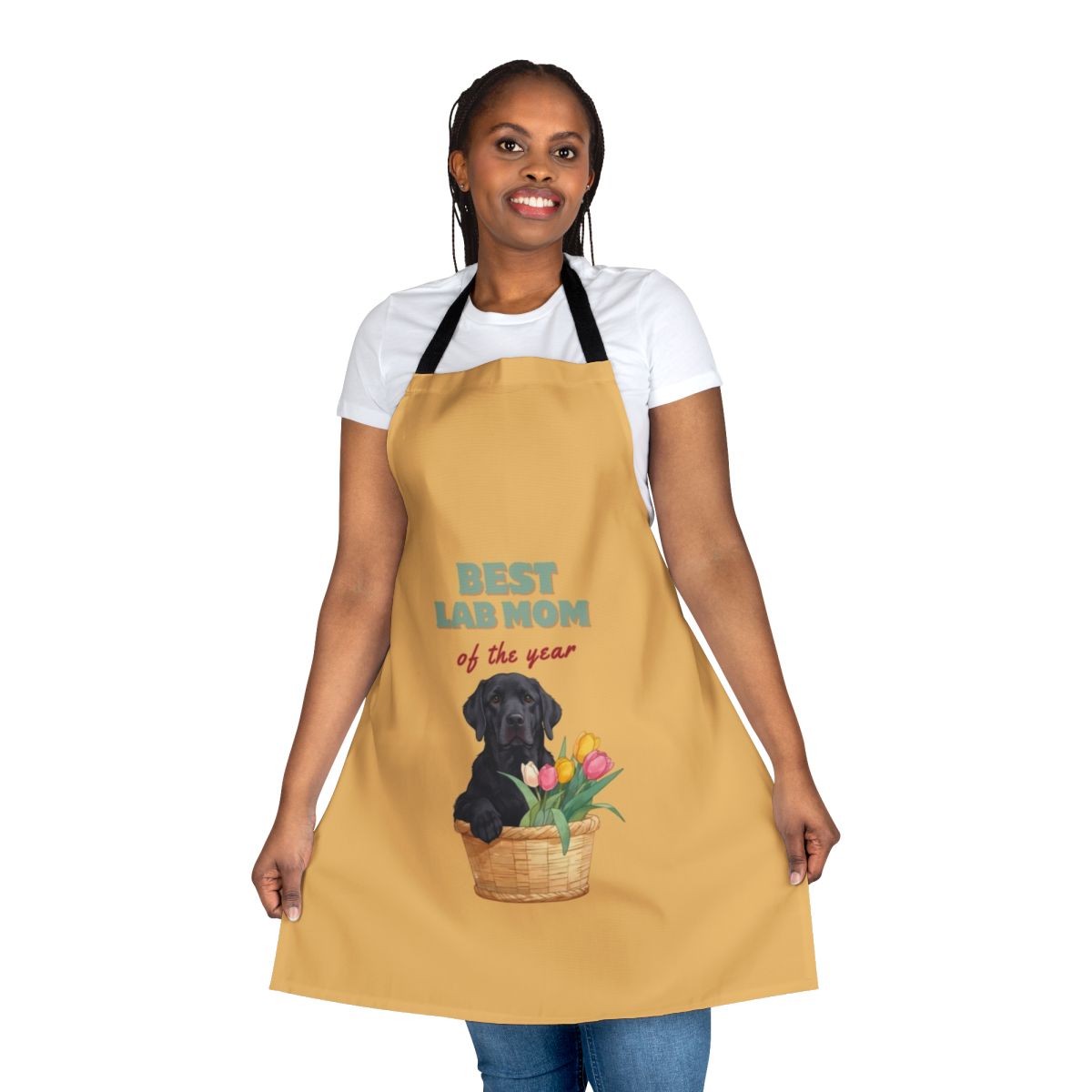 Colorful apron featuring a black Labrador Retriever dog mom surrounded by vibrant tulips