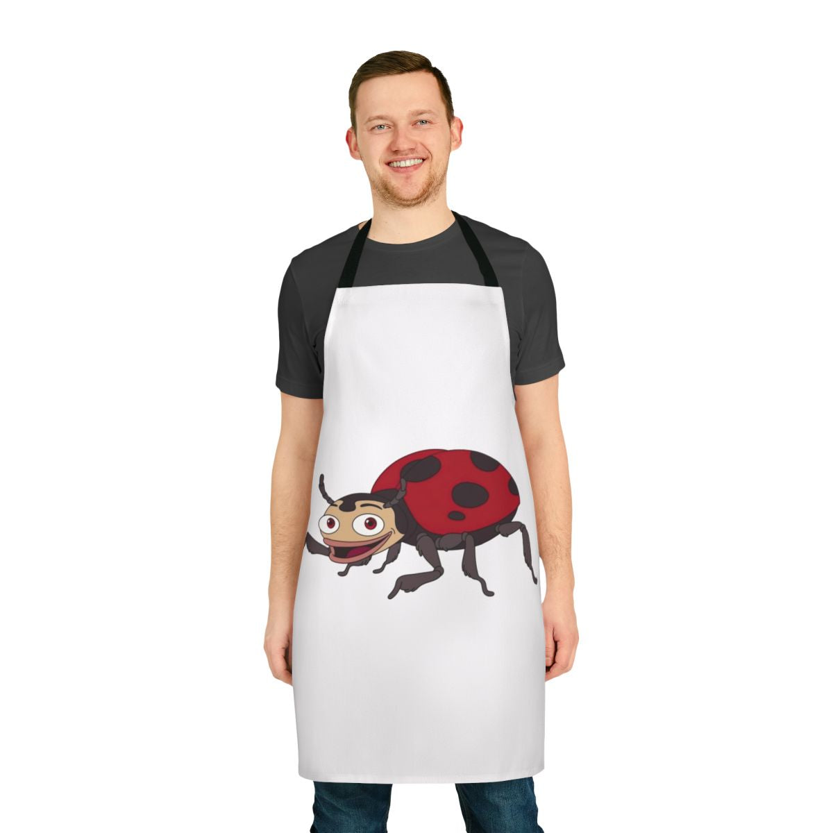 A colorful apron featuring a ladybug design, perfect for Big Mouth fans.