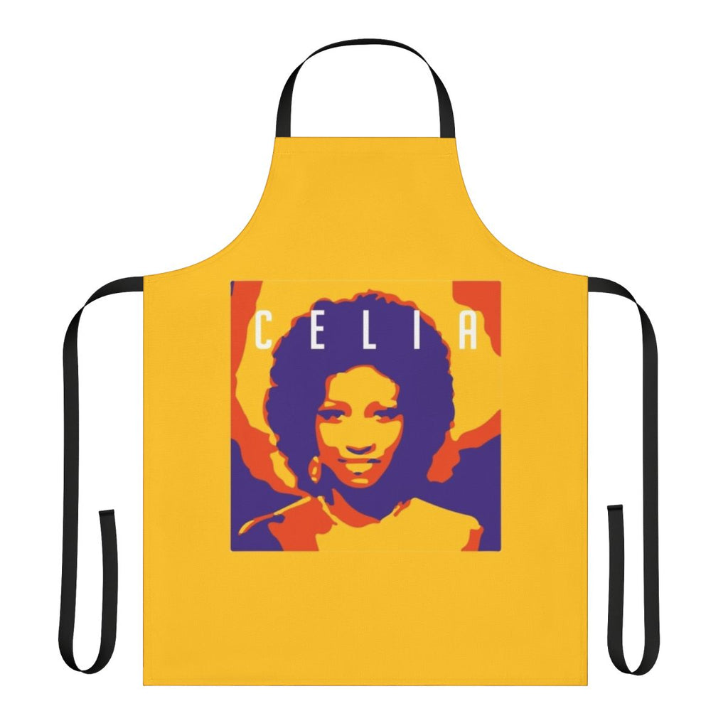 Colorful apron featuring Celia Cruz-inspired design in vibrant Latin colors and patterns