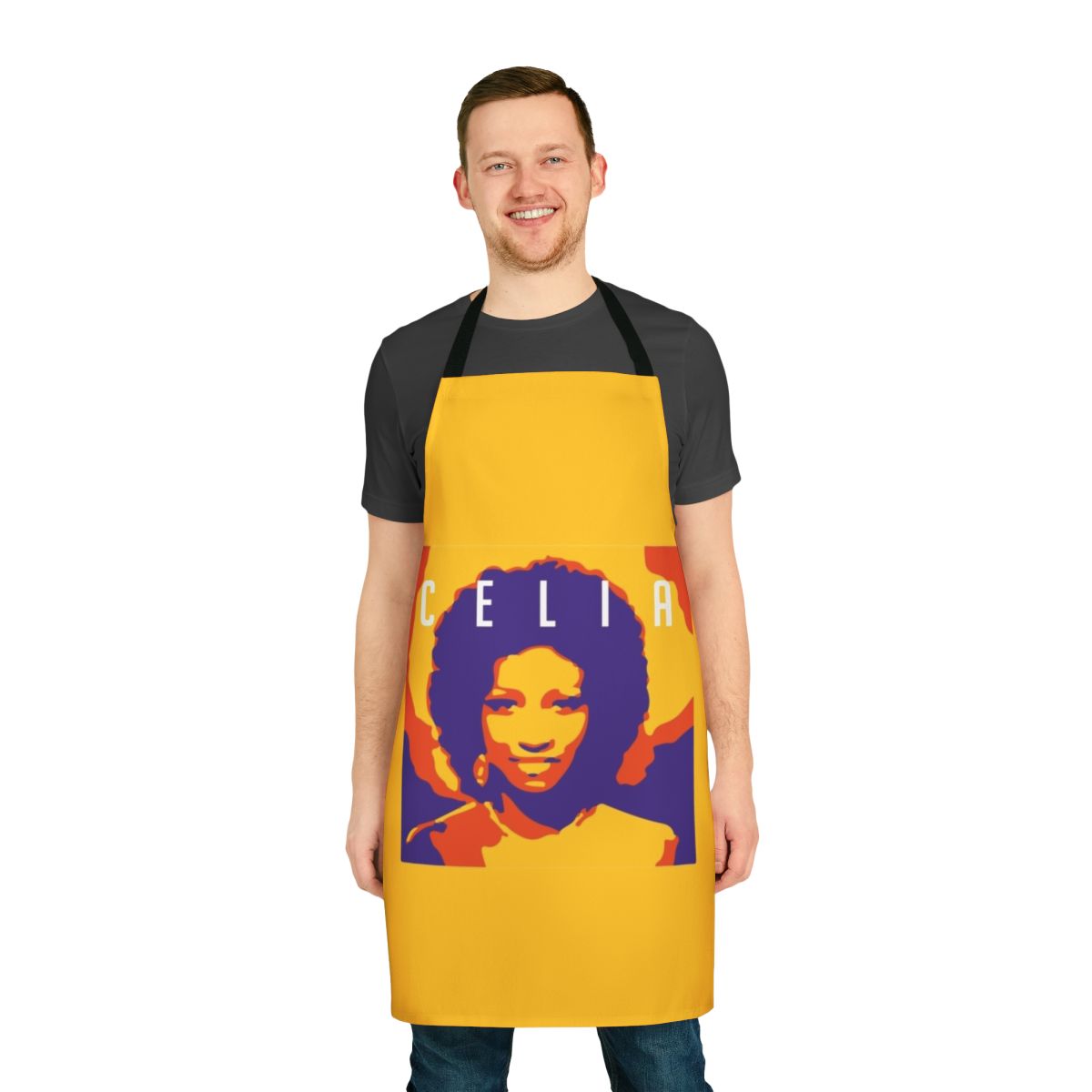 Colorful apron featuring Celia Cruz-inspired design in vibrant Latin colors and patterns