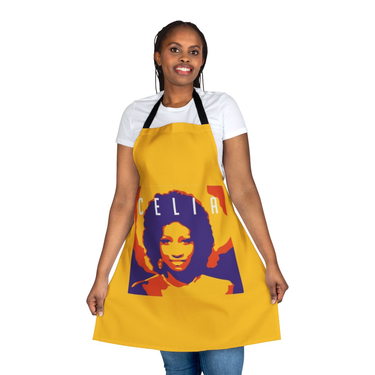 Colorful apron featuring Celia Cruz-inspired design in vibrant Latin colors and patterns