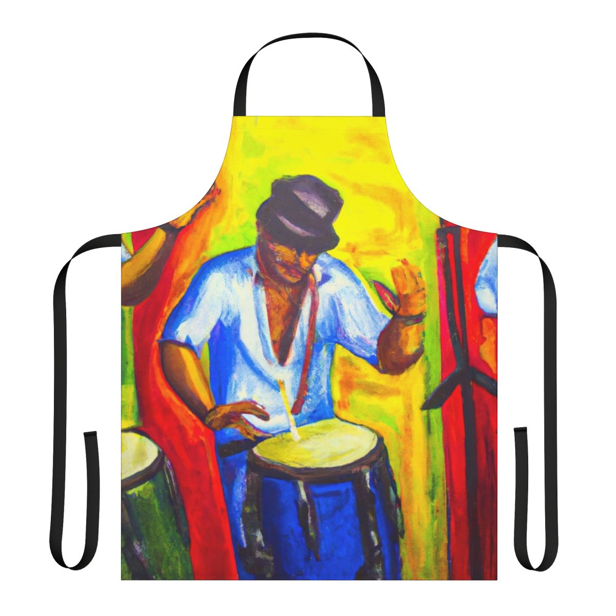 Colorful apron featuring bongo drums, musical notes, and tropical imagery for a Latin music-inspired look