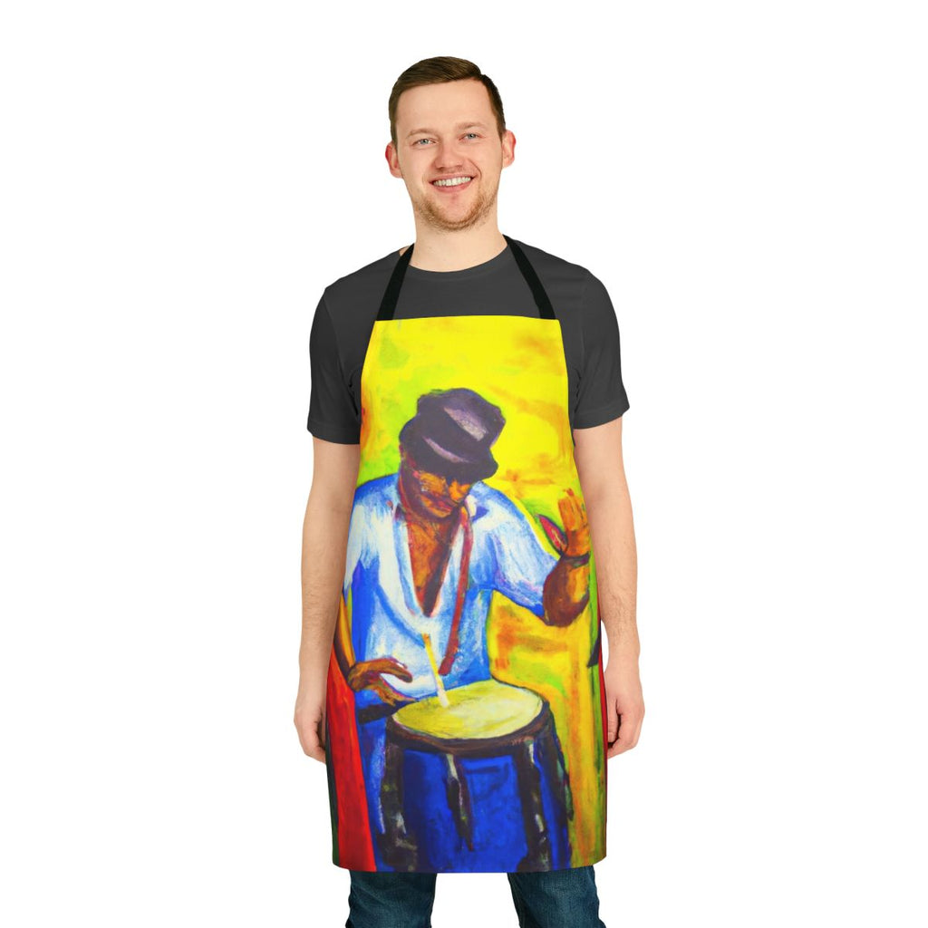 Colorful apron featuring bongo drums, musical notes, and tropical imagery for a Latin music-inspired look