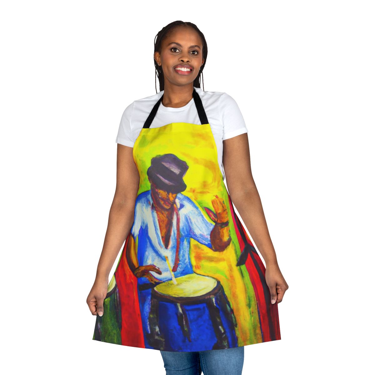 Colorful apron featuring bongo drums, musical notes, and tropical imagery for a Latin music-inspired look