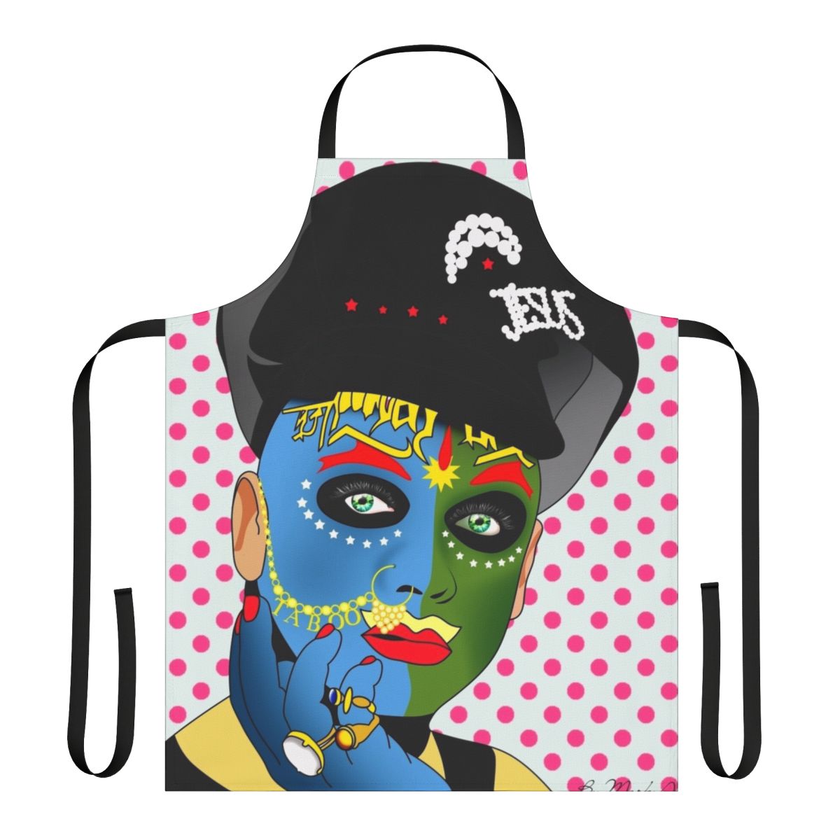 Colorful and whimsical Leigh Bowery-inspired apron with pop art graphics