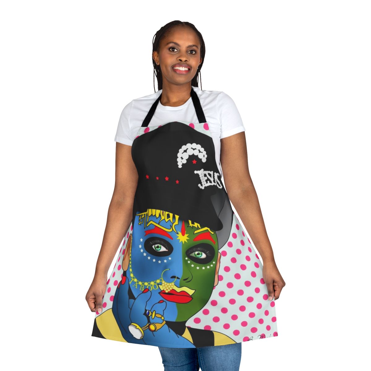 Colorful and whimsical Leigh Bowery-inspired apron with pop art graphics