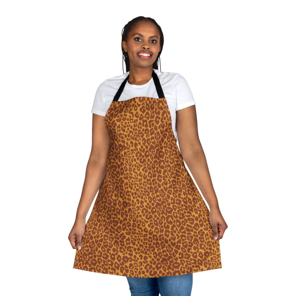 A stylish apron featuring vibrant leopard spots in earthy tones, perfect for tropical-inspired home decor.
