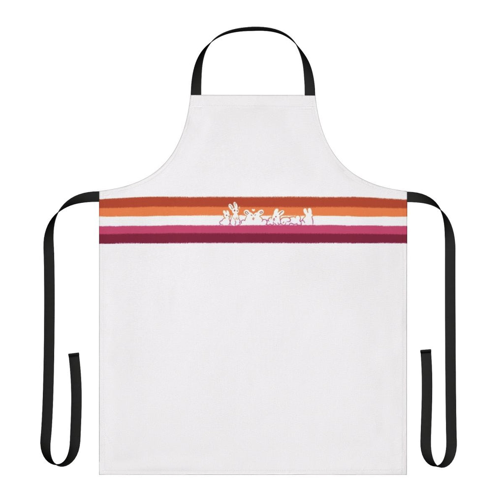 Colorful apron featuring a design of two smiling rabbits in the LGBT pride flag colors
