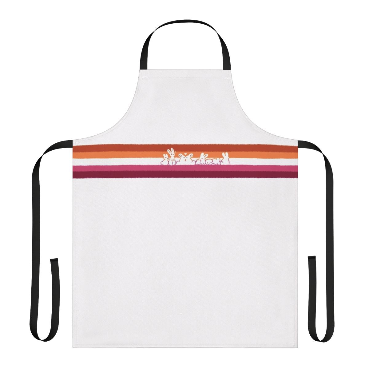 Colorful apron featuring a design of two smiling rabbits in the LGBT pride flag colors