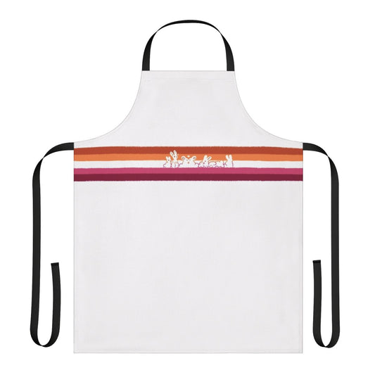 Colorful apron featuring a design of two smiling rabbits in the LGBT pride flag colors