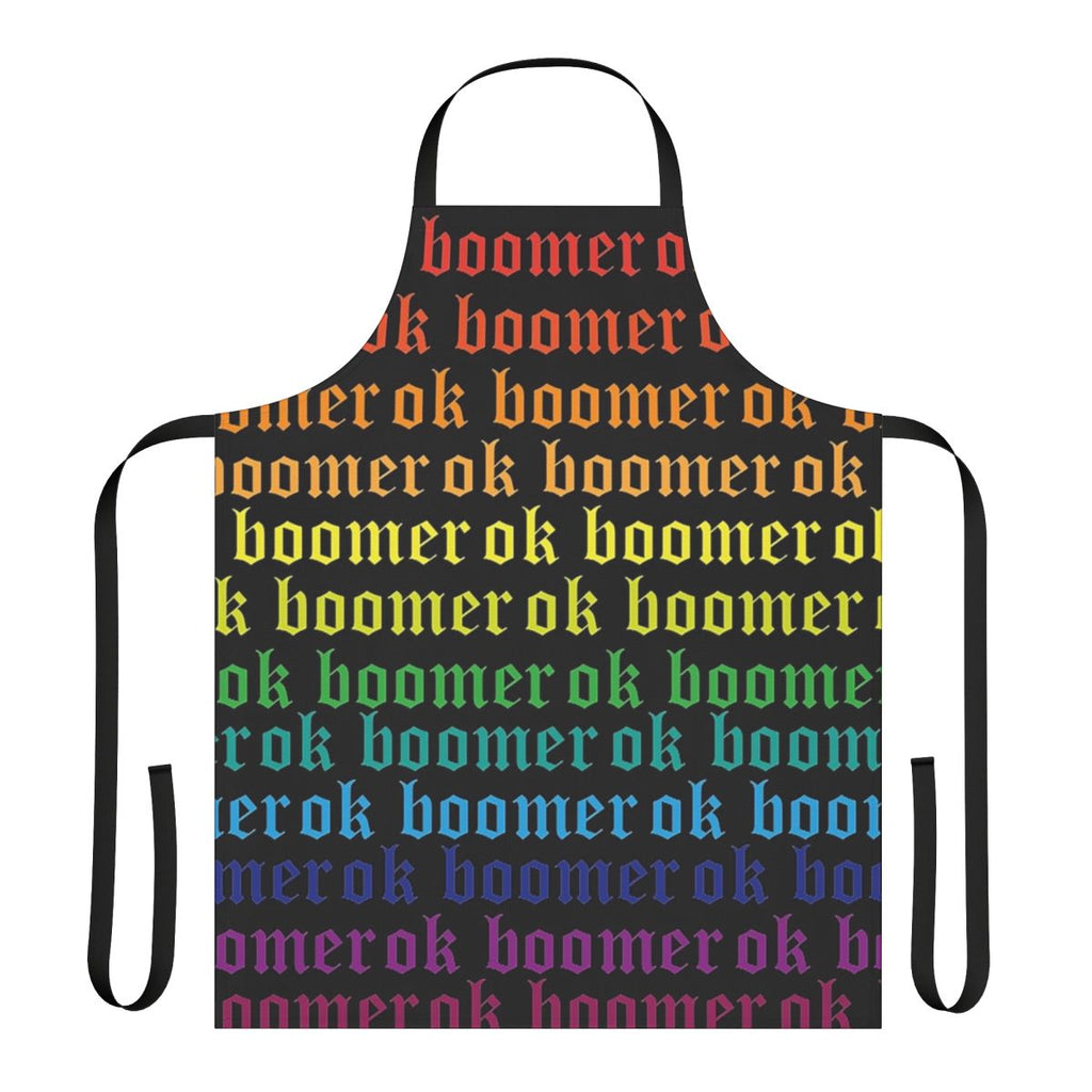 Colorful apron featuring a rainbow design and "Ok Boomer" text
