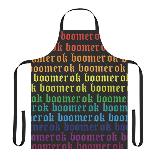 Colorful apron featuring a rainbow design and "Ok Boomer" text