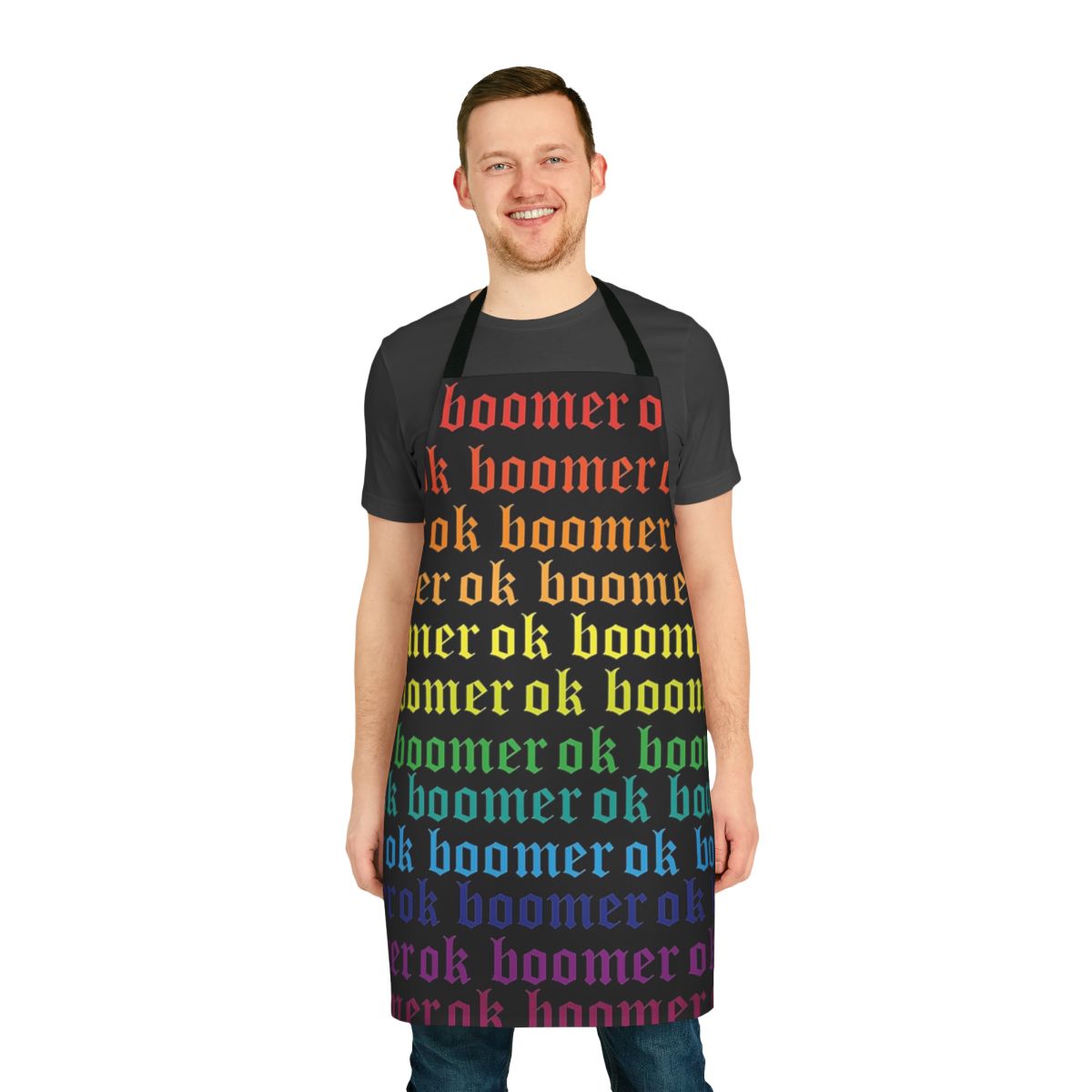 Colorful apron featuring a rainbow design and "Ok Boomer" text