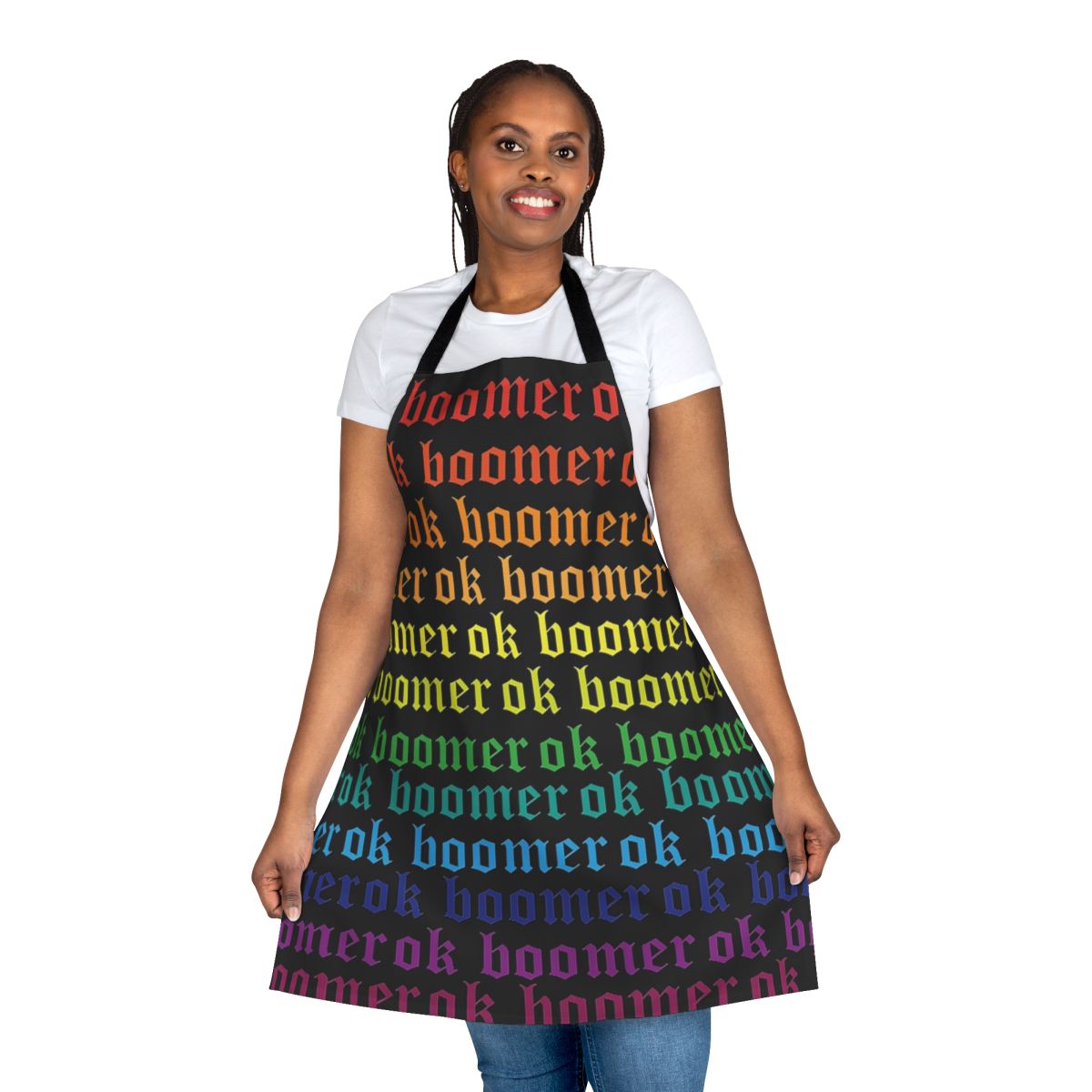 Colorful apron featuring a rainbow design and "Ok Boomer" text