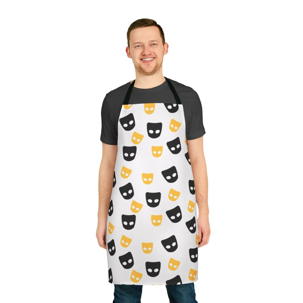 Colorful apron featuring a Grindr-inspired pattern for LGBTQIA+ pride.